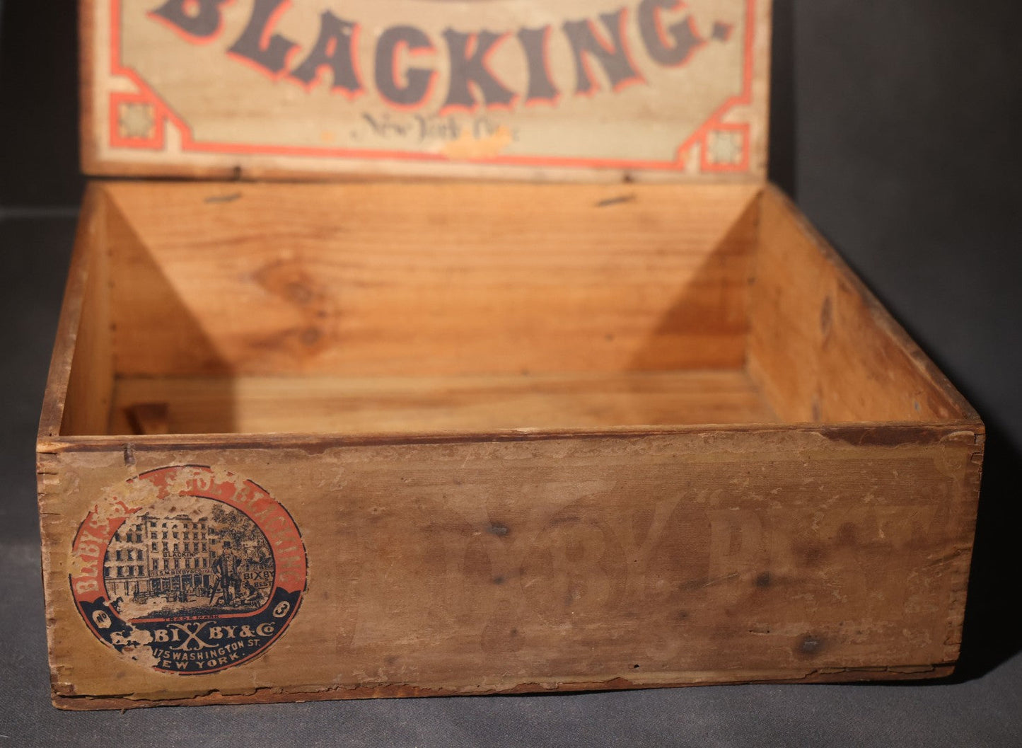 Antique Bixby's "Best" Blacking Wooden Shipping Box with "New York Boot Black Brigade" Inner Lid Label, S.M. Bixby & Co., 173 Washington Street, New York City