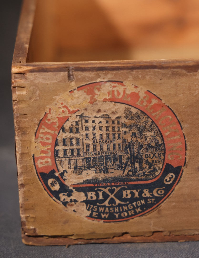 Antique Bixby's "Best" Blacking Wooden Shipping Box with "New York Boot Black Brigade" Inner Lid Label, S.M. Bixby & Co., 173 Washington Street, New York City