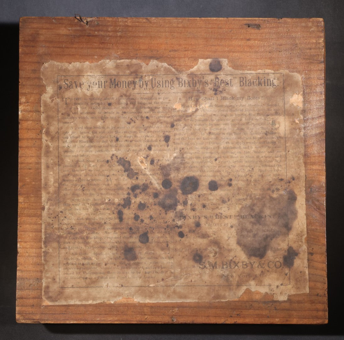 Antique Bixby's "Best" Blacking Wooden Shipping Box with "New York Boot Black Brigade" Inner Lid Label, S.M. Bixby & Co., 173 Washington Street, New York City