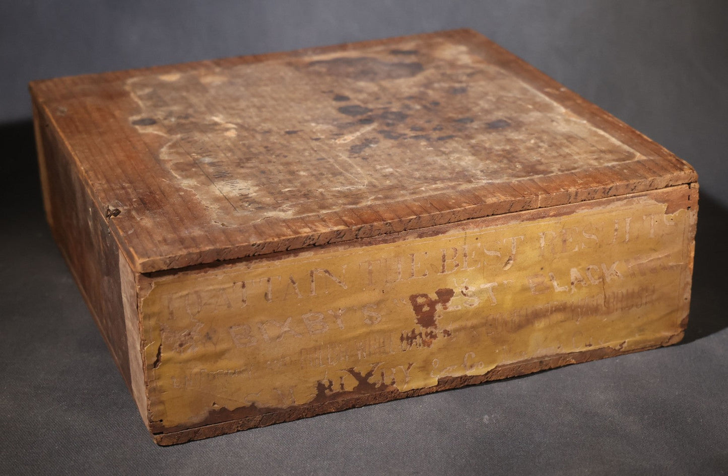 Antique Bixby's "Best" Blacking Wooden Shipping Box with "New York Boot Black Brigade" Inner Lid Label, S.M. Bixby & Co., 173 Washington Street, New York City
