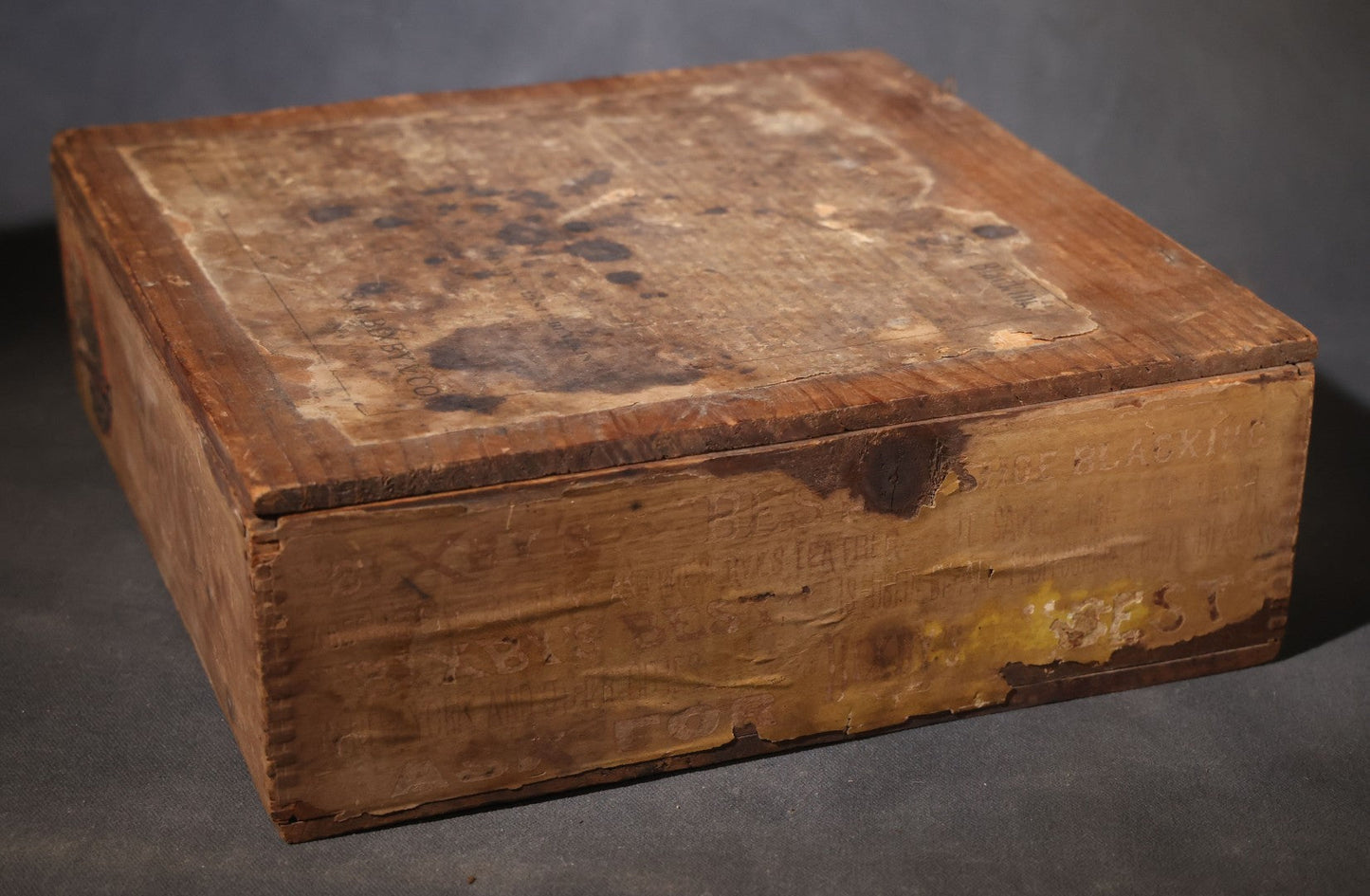 Antique Bixby's "Best" Blacking Wooden Shipping Box with "New York Boot Black Brigade" Inner Lid Label, S.M. Bixby & Co., 173 Washington Street, New York City