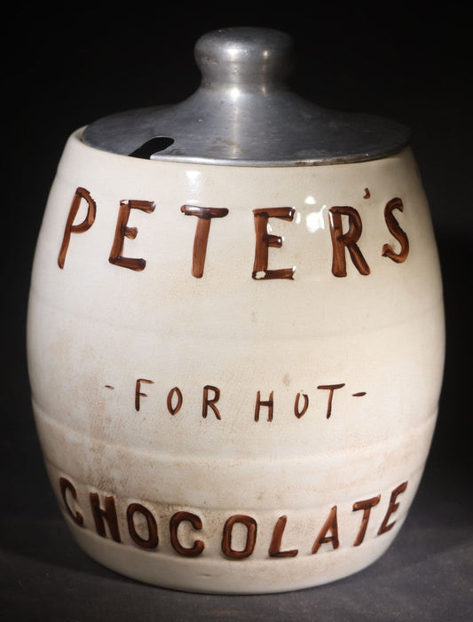 Antique "Peter's For Hot Chocolate" Soda Fountain Advertising Canister with Metal Lid, Manufactured by Clinchfield China