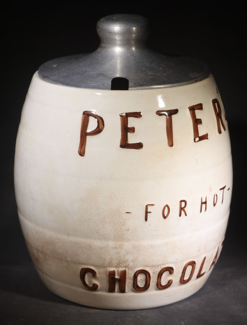 Antique "Peter's For Hot Chocolate" Soda Fountain Advertising Canister with Metal Lid, Manufactured by Clinchfield China
