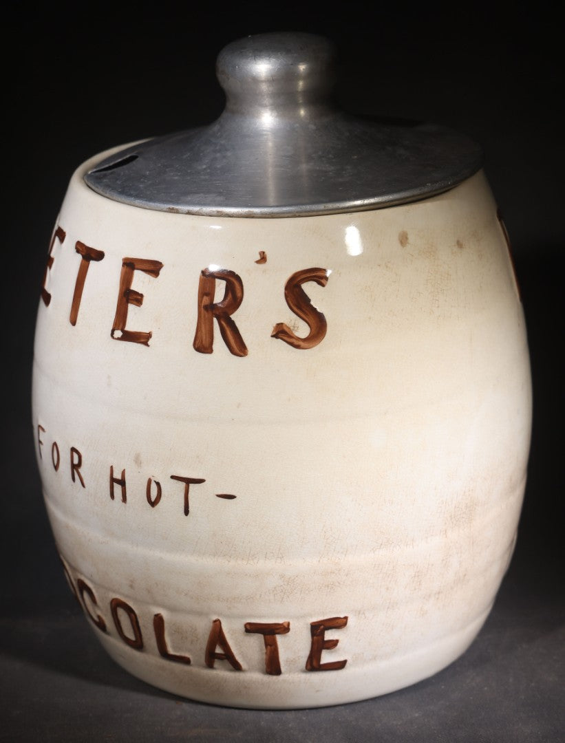 Antique "Peter's For Hot Chocolate" Soda Fountain Advertising Canister with Metal Lid, Manufactured by Clinchfield China