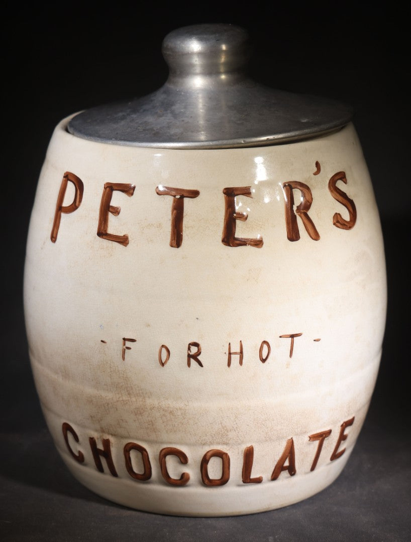 Antique "Peter's For Hot Chocolate" Soda Fountain Advertising Canister with Metal Lid, Manufactured by Clinchfield China