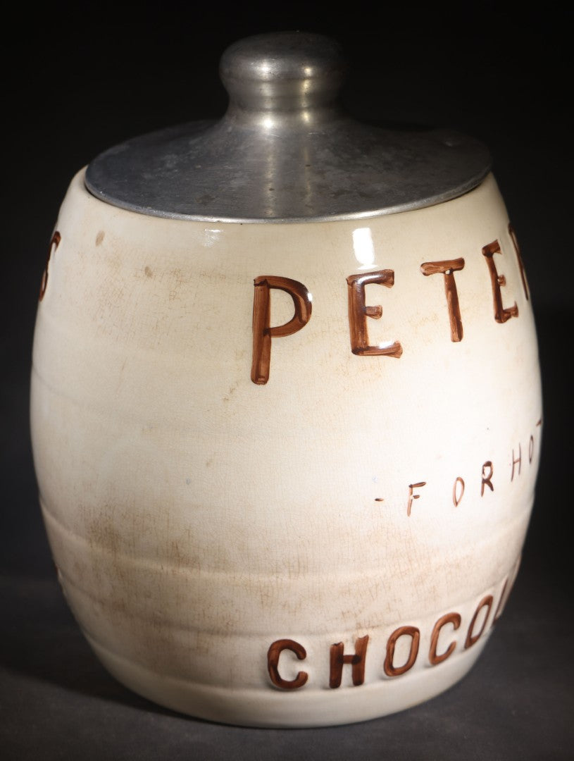 Antique "Peter's For Hot Chocolate" Soda Fountain Advertising Canister with Metal Lid, Manufactured by Clinchfield China