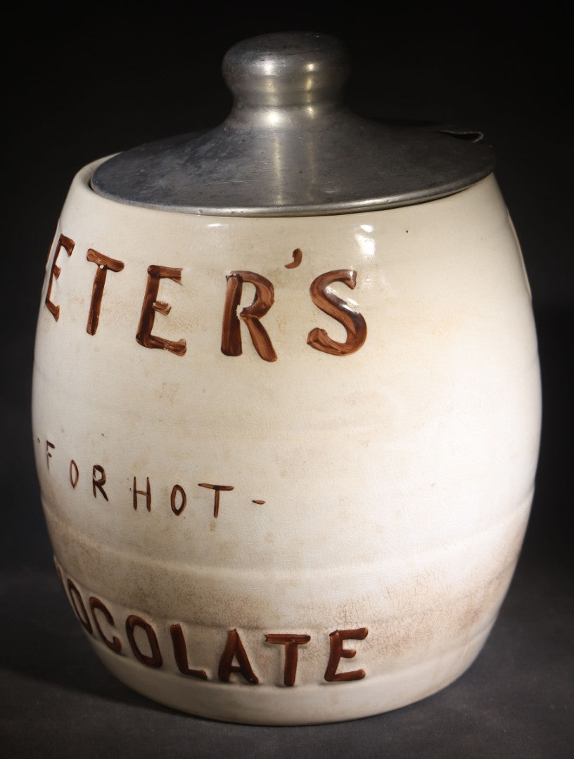 Antique "Peter's For Hot Chocolate" Soda Fountain Advertising Canister with Metal Lid, Manufactured by Clinchfield China
