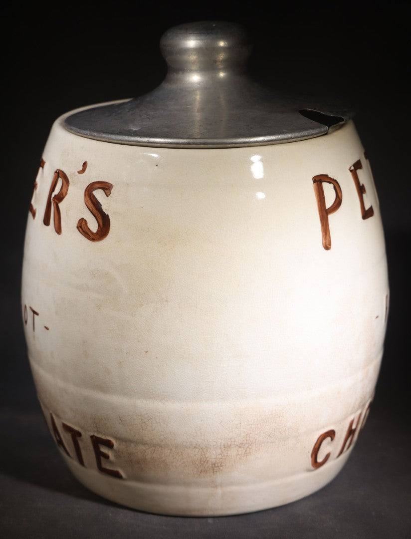 Antique "Peter's For Hot Chocolate" Soda Fountain Advertising Canister with Metal Lid, Manufactured by Clinchfield China