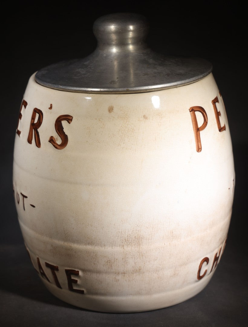 Antique "Peter's For Hot Chocolate" Soda Fountain Advertising Canister with Metal Lid, Manufactured by Clinchfield China
