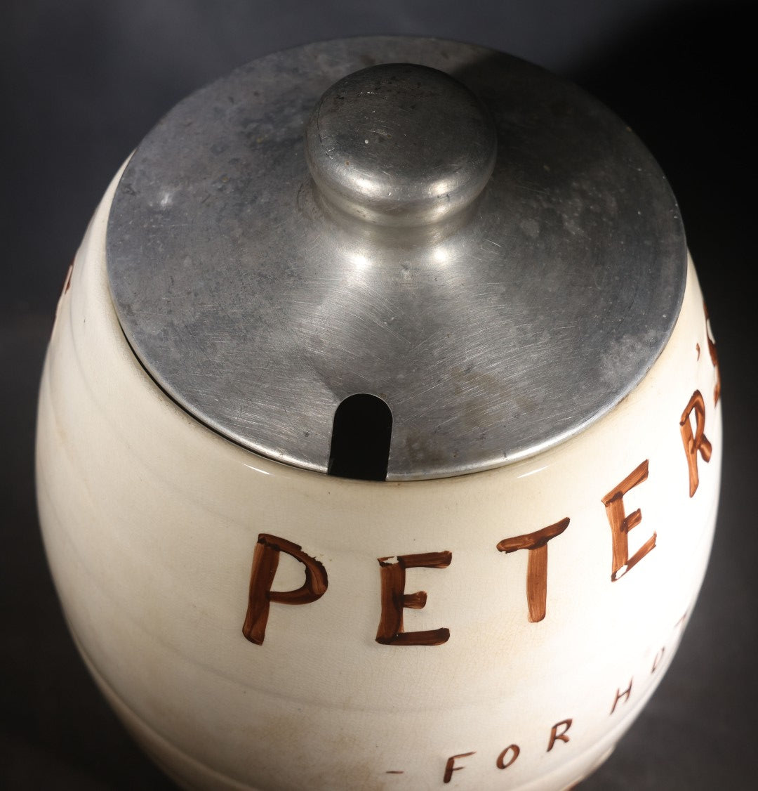 Antique "Peter's For Hot Chocolate" Soda Fountain Advertising Canister with Metal Lid, Manufactured by Clinchfield China