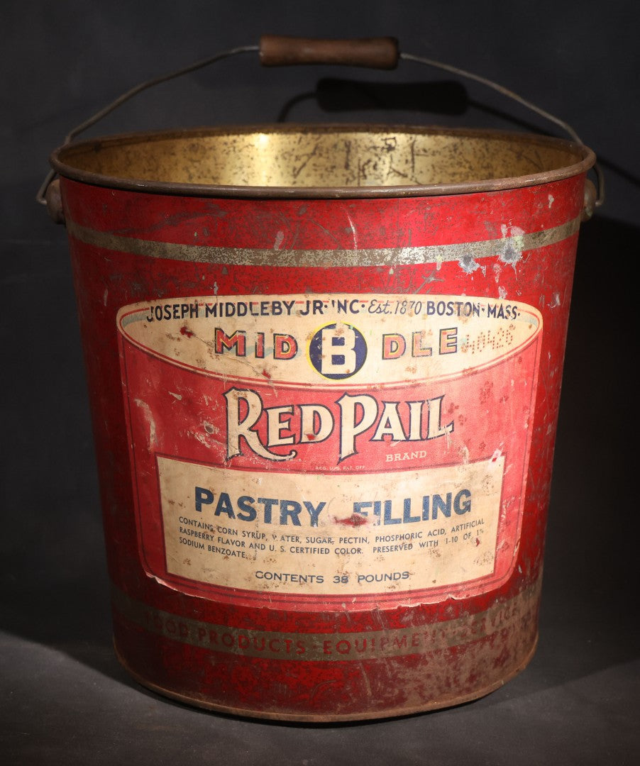 Vintage Red Pail Brand Pastry Filling 38-Pound Tin Pail with Bail Handle, Manufactured by Joseph Middleby Jr. Inc., Boston, Massachusetts