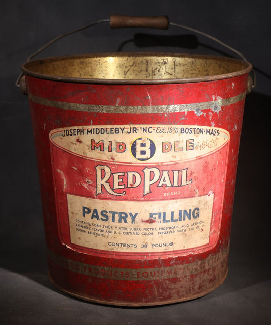 Vintage Red Pail Brand Pastry Filling 38-Pound Tin Pail with Bail Handle, Manufactured by Joseph Middleby Jr. Inc., Boston, Massachusetts