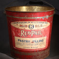 Lot 047 - Vintage Red Pail Brand Pastry Filling 38-Pound Tin Pail with Bail Handle, Manufactured by Joseph Middleby Jr. Inc., Boston, Massachusetts, 11-1/2" H