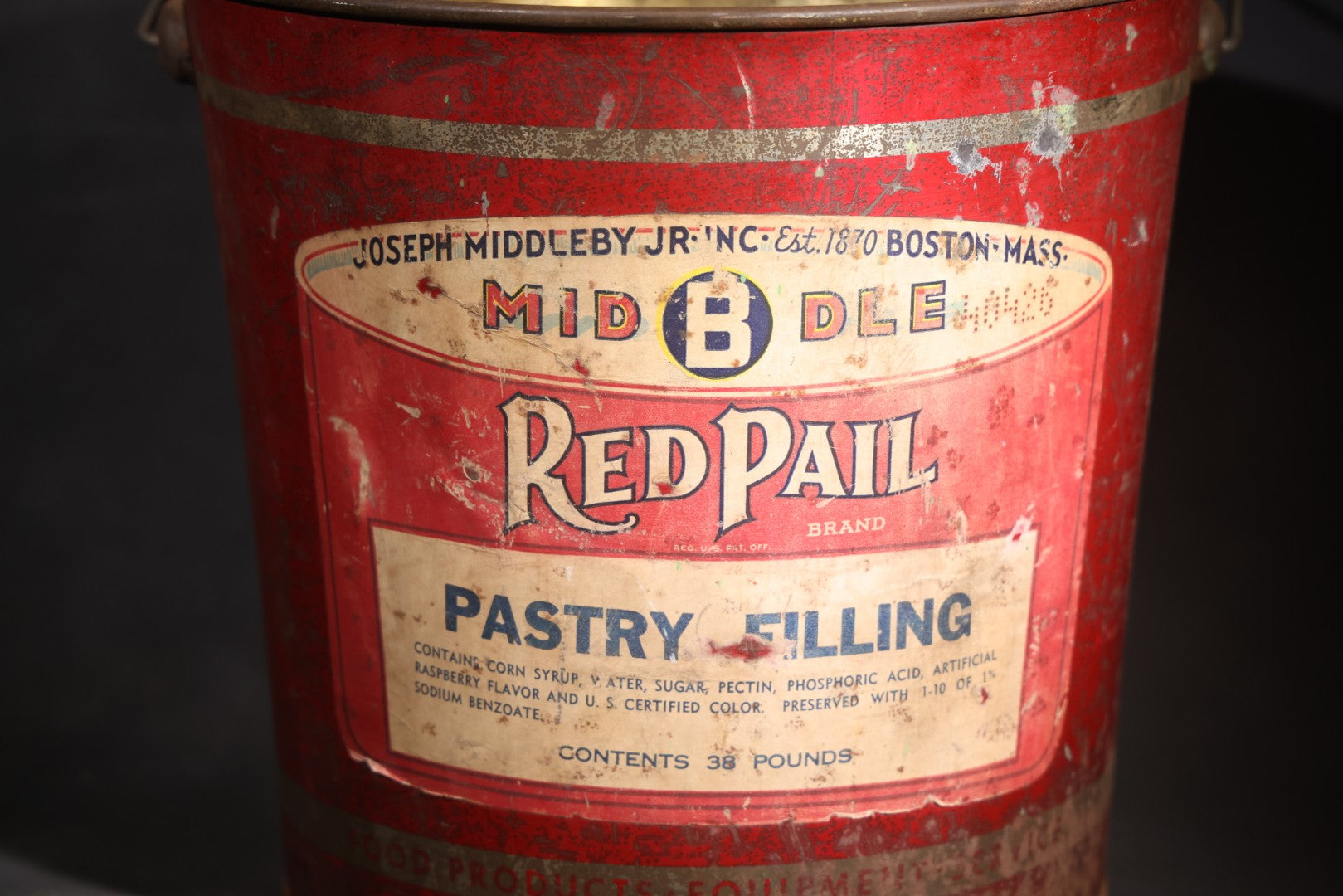 Vintage Red Pail Brand Pastry Filling 38-Pound Tin Pail with Bail Handle, Manufactured by Joseph Middleby Jr. Inc., Boston, Massachusetts