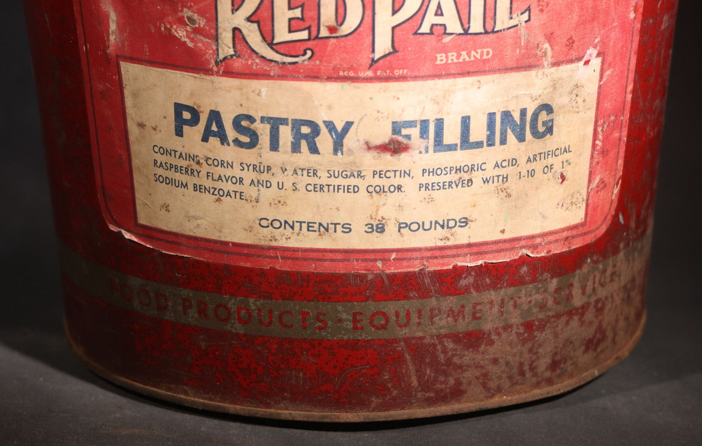 Vintage Red Pail Brand Pastry Filling 38-Pound Tin Pail with Bail Handle, Manufactured by Joseph Middleby Jr. Inc., Boston, Massachusetts