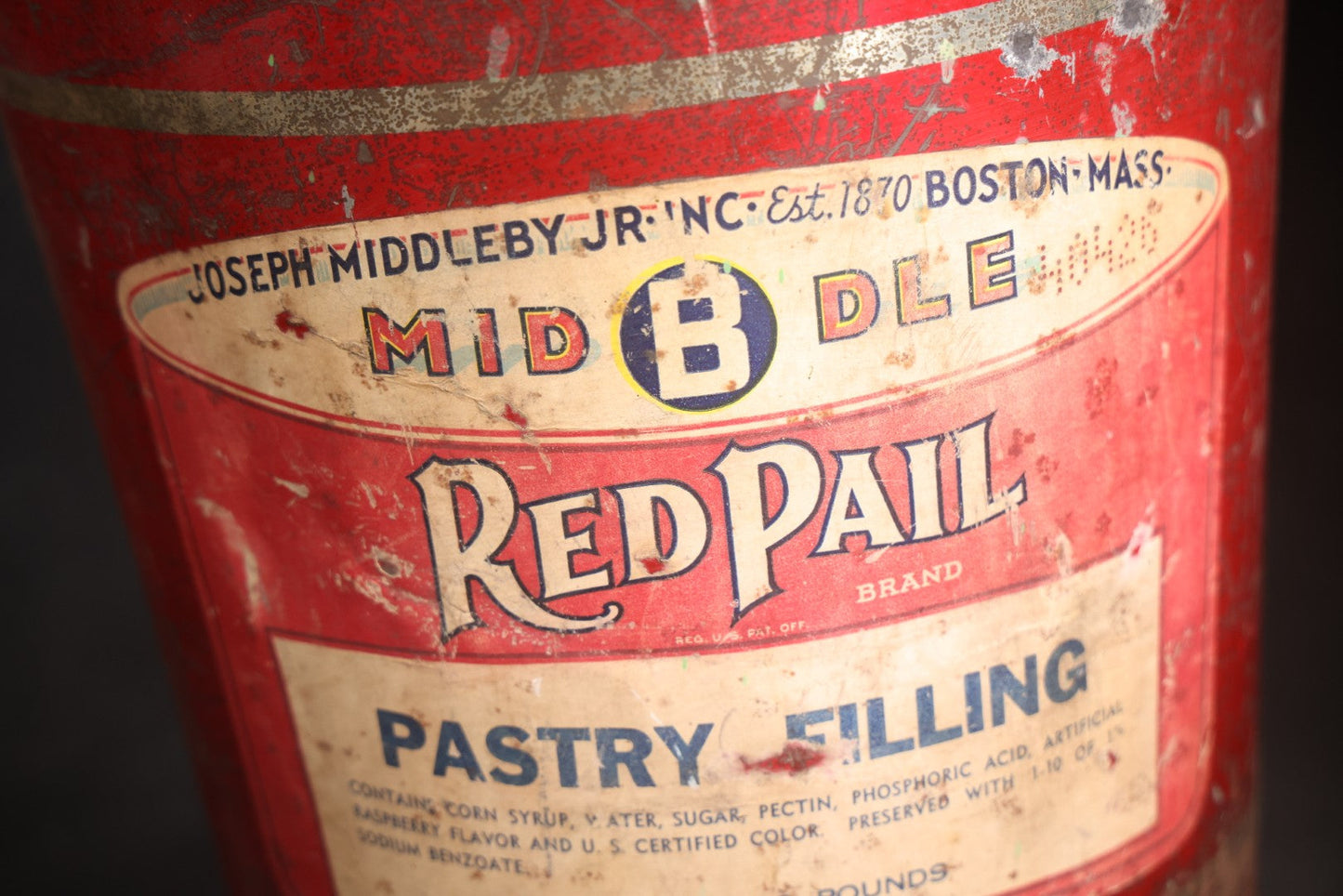 Vintage Red Pail Brand Pastry Filling 38-Pound Tin Pail with Bail Handle, Manufactured by Joseph Middleby Jr. Inc., Boston, Massachusetts