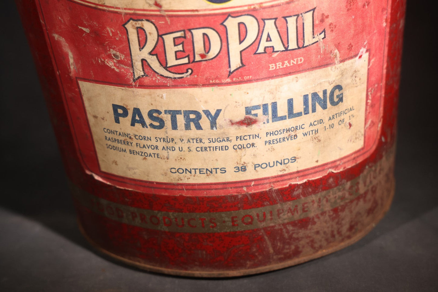 Vintage Red Pail Brand Pastry Filling 38-Pound Tin Pail with Bail Handle, Manufactured by Joseph Middleby Jr. Inc., Boston, Massachusetts