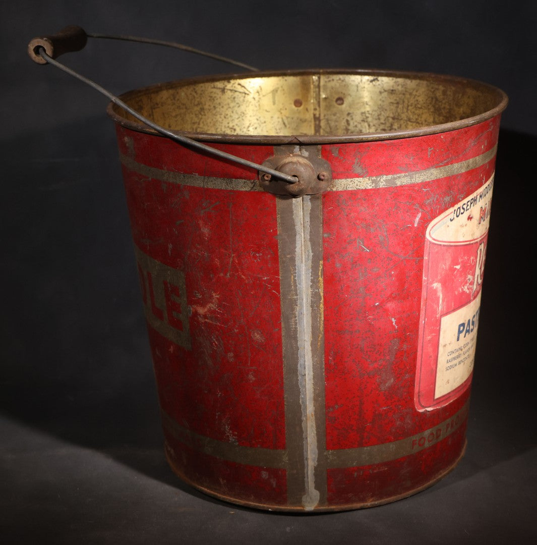 Vintage Red Pail Brand Pastry Filling 38-Pound Tin Pail with Bail Handle, Manufactured by Joseph Middleby Jr. Inc., Boston, Massachusetts