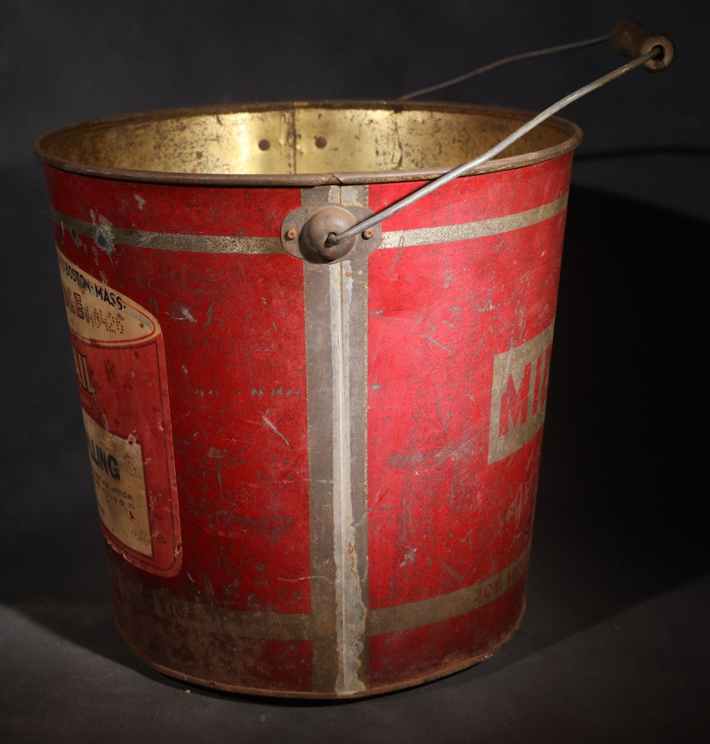 Vintage Red Pail Brand Pastry Filling 38-Pound Tin Pail with Bail Handle, Manufactured by Joseph Middleby Jr. Inc., Boston, Massachusetts