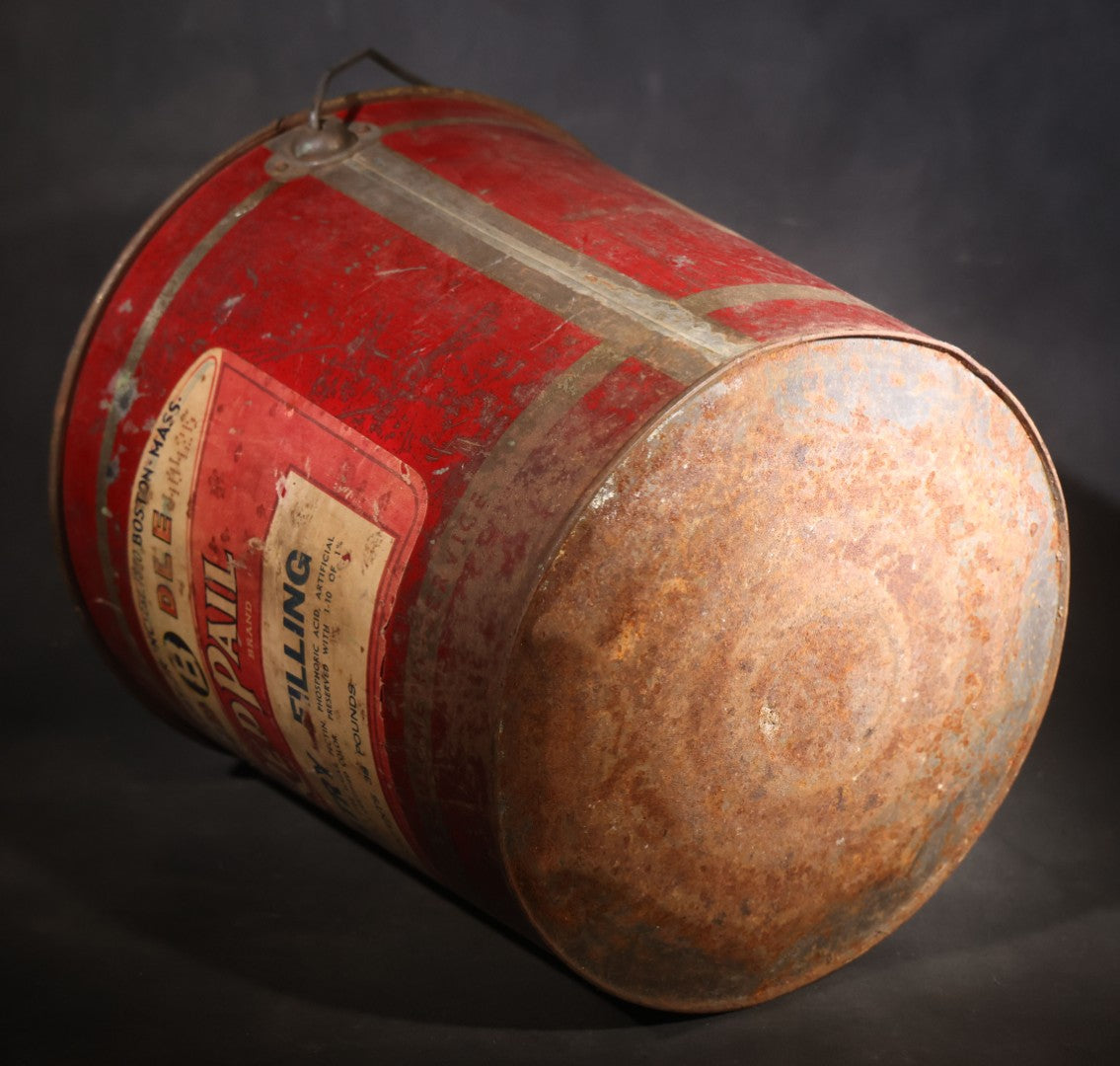 Vintage Red Pail Brand Pastry Filling 38-Pound Tin Pail with Bail Handle, Manufactured by Joseph Middleby Jr. Inc., Boston, Massachusetts