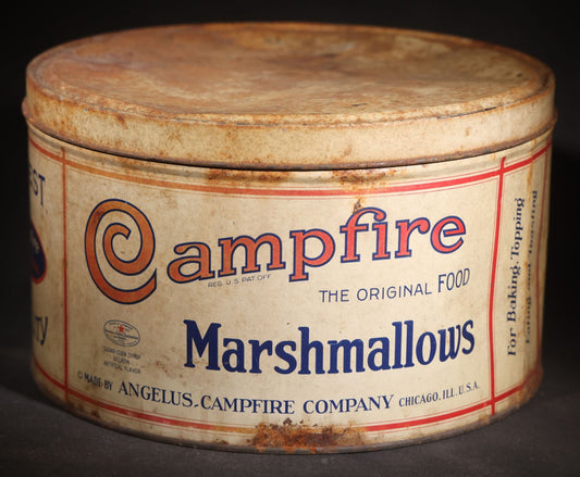 Antique Campfire Marshmallows 5 Lb. Round Tin, Manufactured by Angelus-Campfire Company, Chicago, Illinois