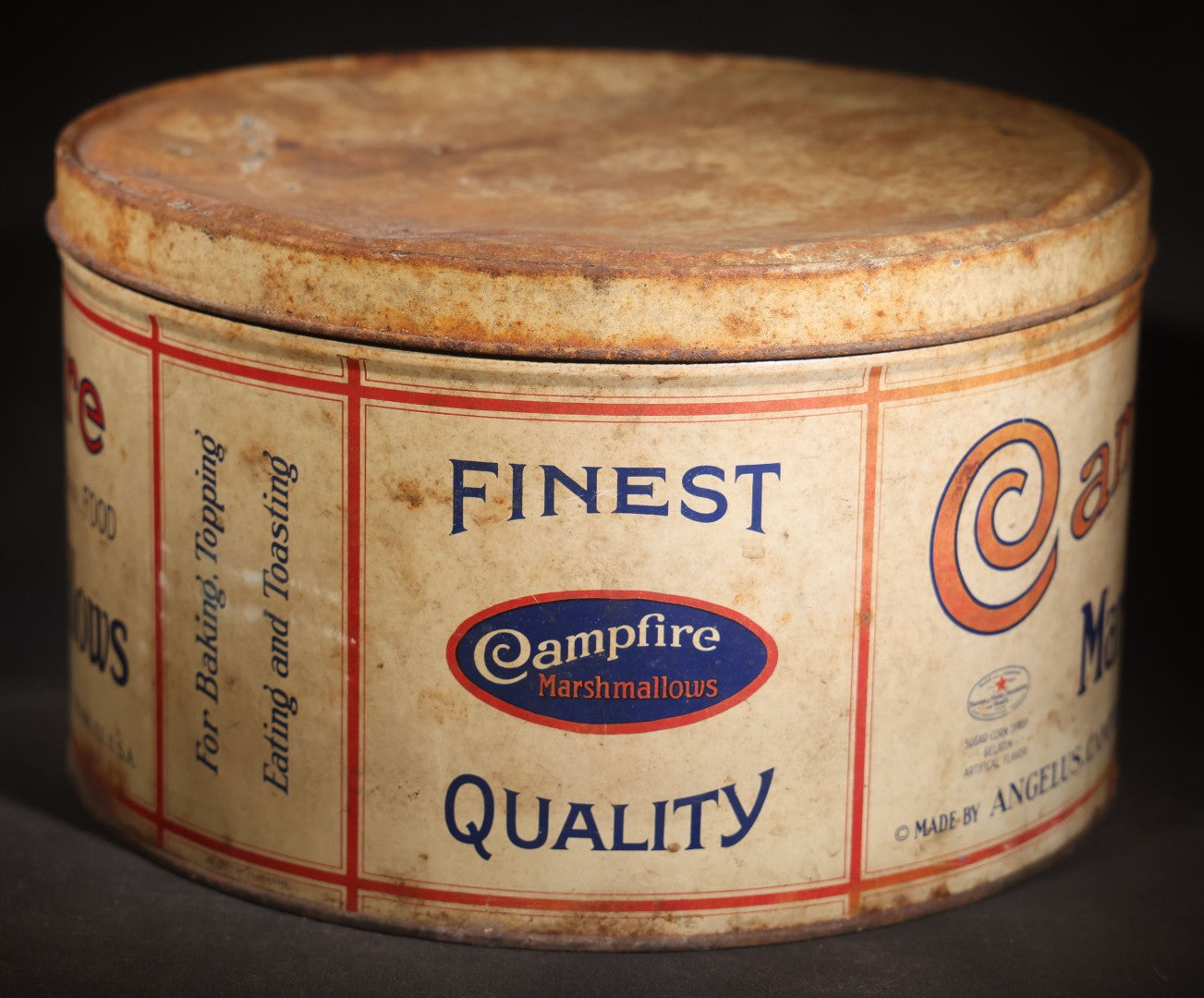 Antique Campfire Marshmallows 5 Lb. Round Tin, Manufactured by Angelus-Campfire Company, Chicago, Illinois