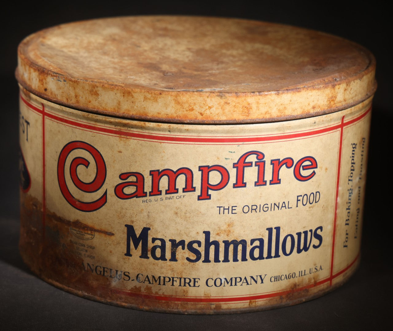 Antique Campfire Marshmallows 5 Lb. Round Tin, Manufactured by Angelus-Campfire Company, Chicago, Illinois
