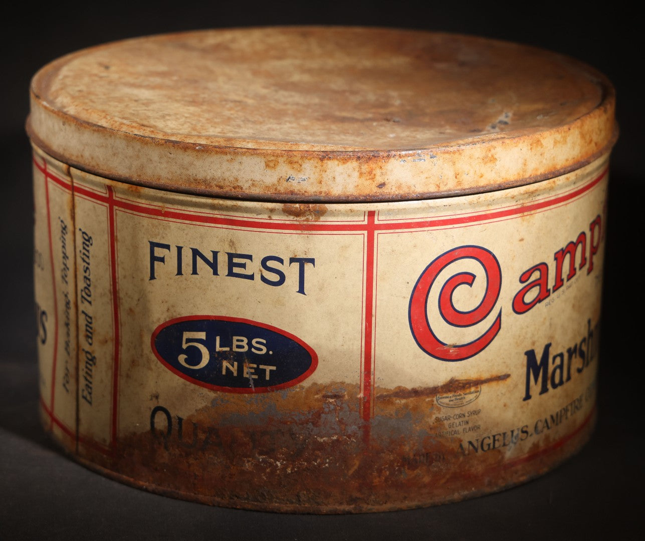 Antique Campfire Marshmallows 5 Lb. Round Tin, Manufactured by Angelus-Campfire Company, Chicago, Illinois