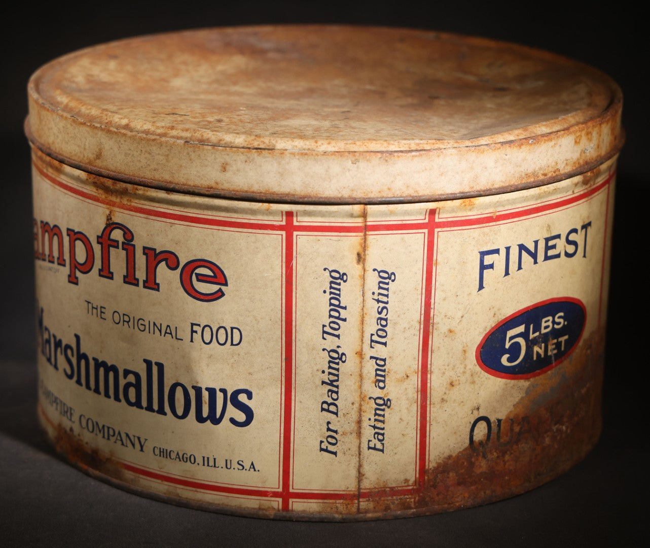 Antique Campfire Marshmallows 5 Lb. Round Tin, Manufactured by Angelus-Campfire Company, Chicago, Illinois