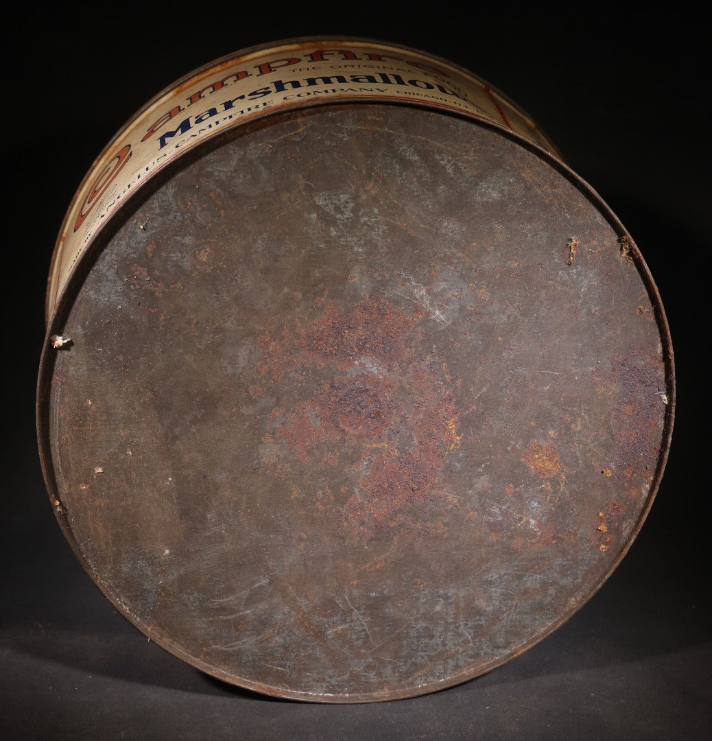 Antique Campfire Marshmallows 5 Lb. Round Tin, Manufactured by Angelus-Campfire Company, Chicago, Illinois