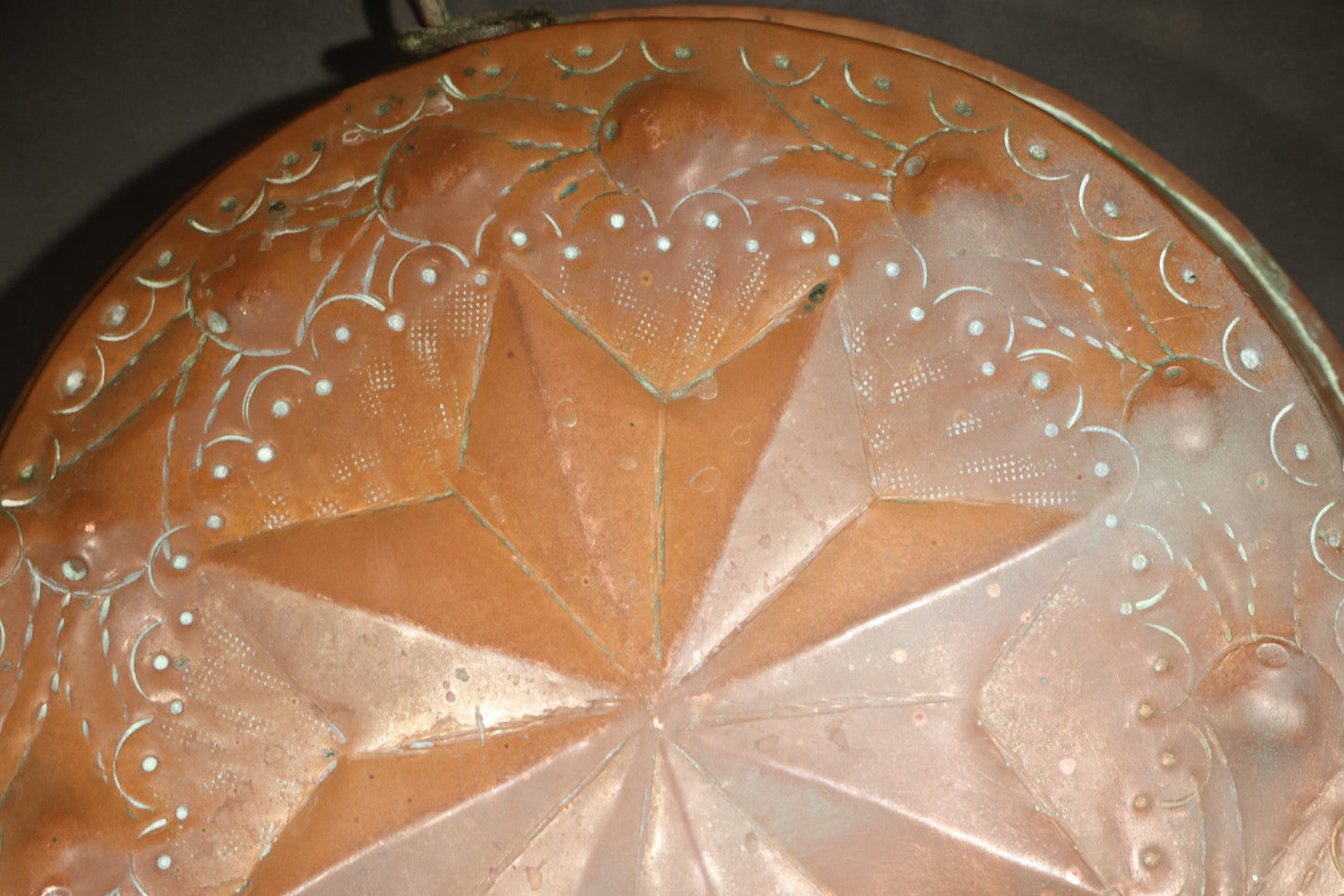 Antique Copper Food Mold with Embossed Eight-Pointed Star and Scroll Decoration, Tin-Lined Interior, Iron Hanging Ring