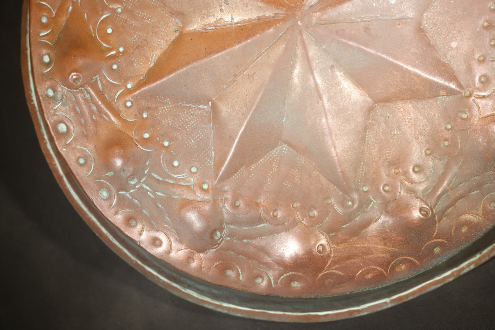 Antique Copper Food Mold with Embossed Eight-Pointed Star and Scroll Decoration, Tin-Lined Interior, Iron Hanging Ring
