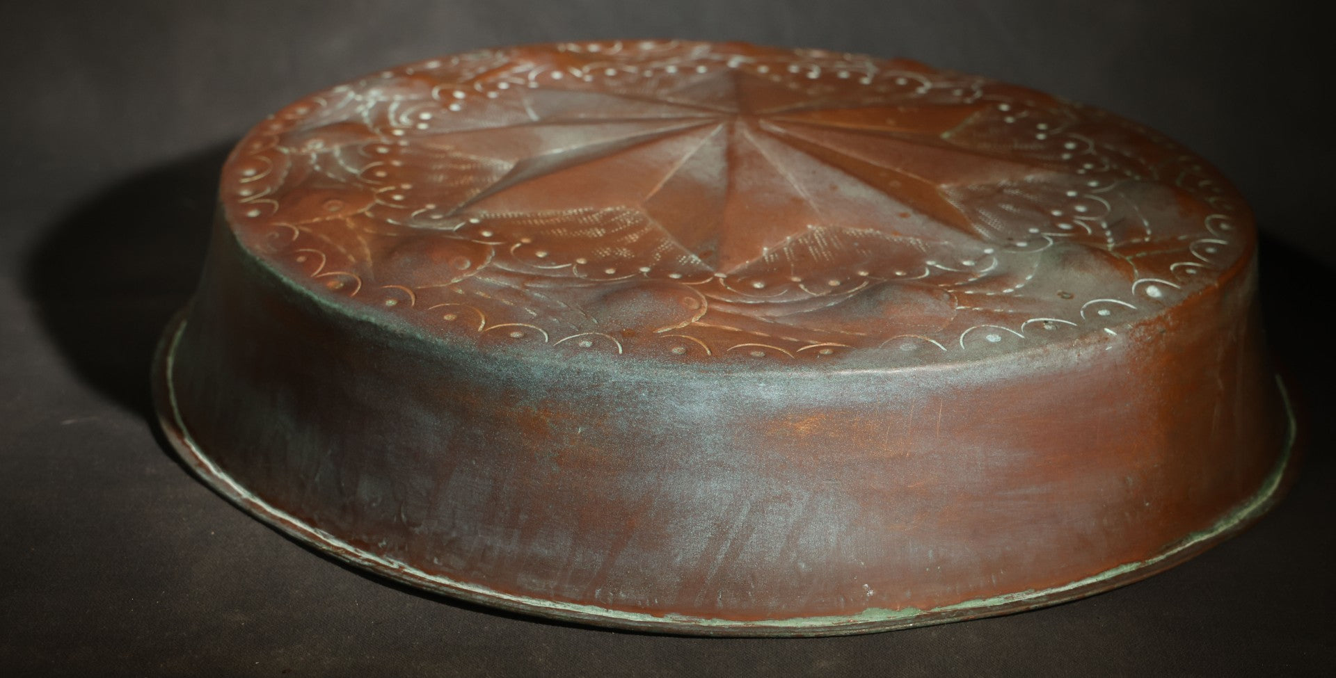 Antique Copper Food Mold with Embossed Eight-Pointed Star and Scroll Decoration, Tin-Lined Interior, Iron Hanging Ring