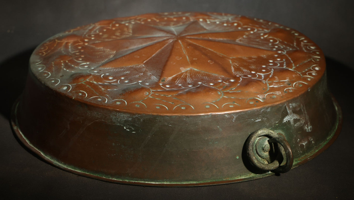 Antique Copper Food Mold with Embossed Eight-Pointed Star and Scroll Decoration, Tin-Lined Interior, Iron Hanging Ring