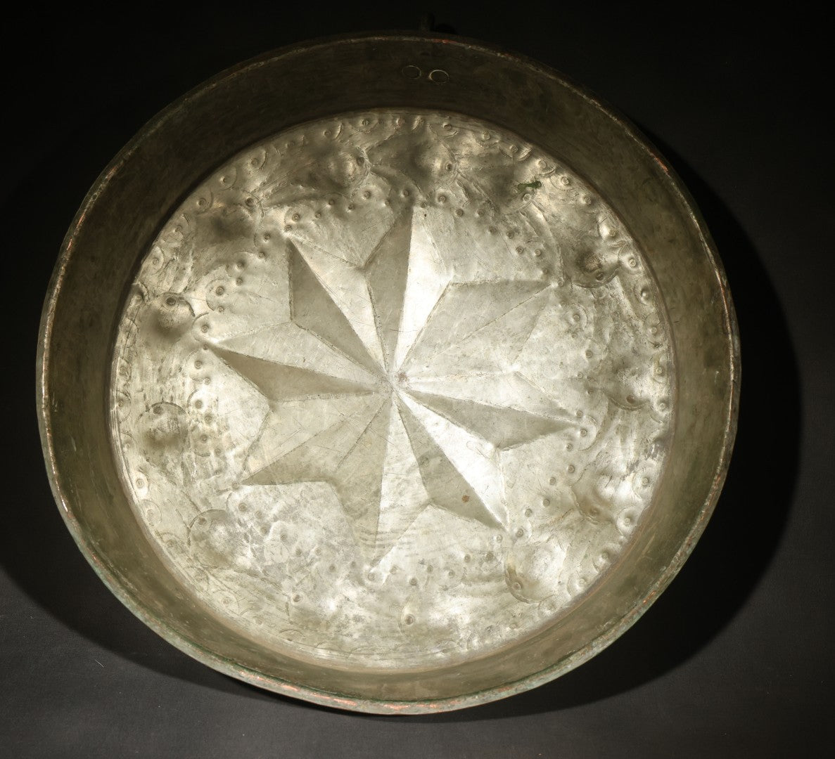 Antique Copper Food Mold with Embossed Eight-Pointed Star and Scroll Decoration, Tin-Lined Interior, Iron Hanging Ring