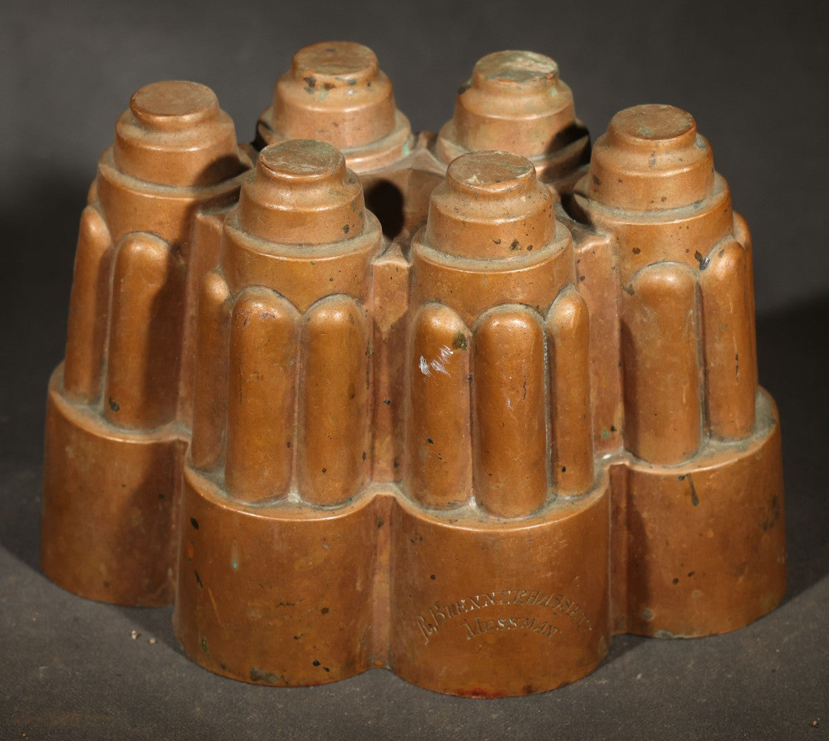 Antique Copper Jelly Mold with Six Fluted Turrets, Engraved "R. Blennerhassett / Messman"