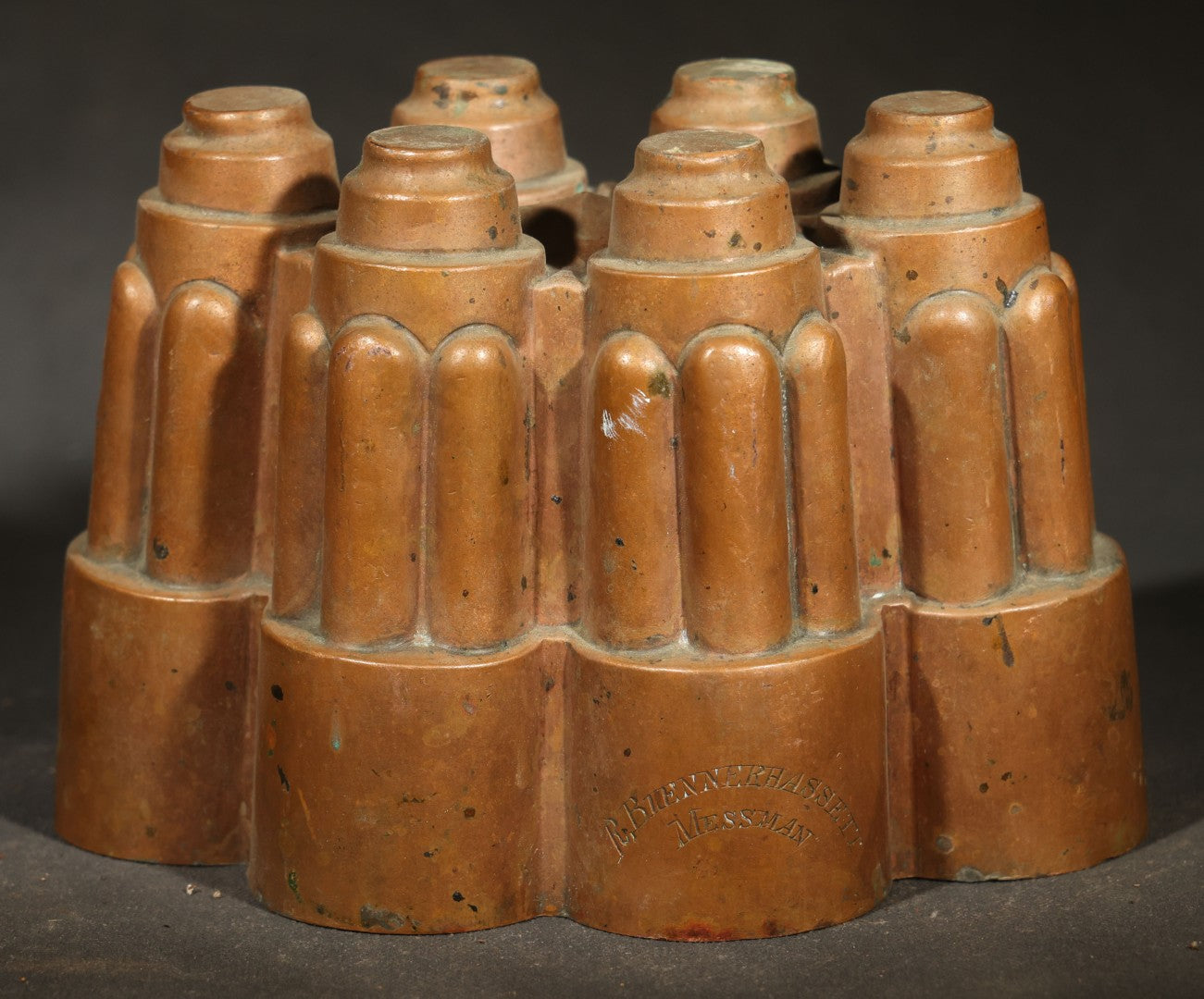 Antique Copper Jelly Mold with Six Fluted Turrets, Engraved "R. Blennerhassett / Messman"