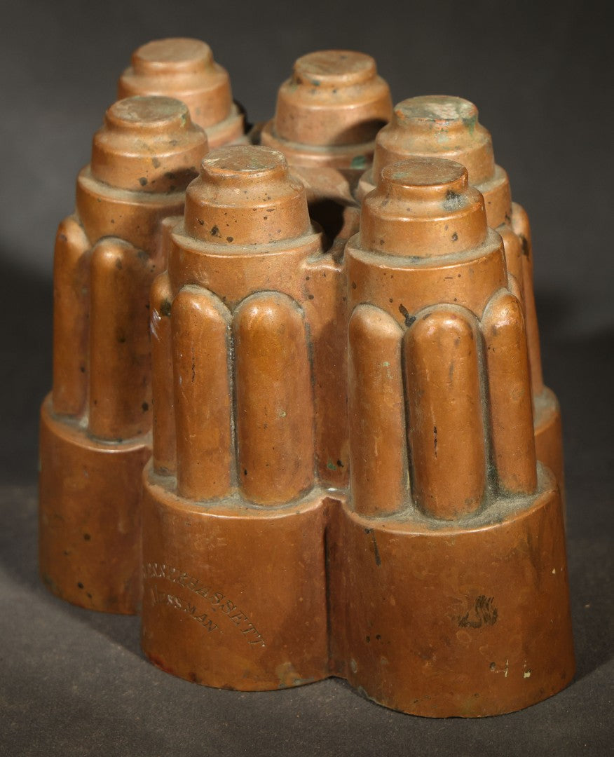 Antique Copper Jelly Mold with Six Fluted Turrets, Engraved "R. Blennerhassett / Messman"