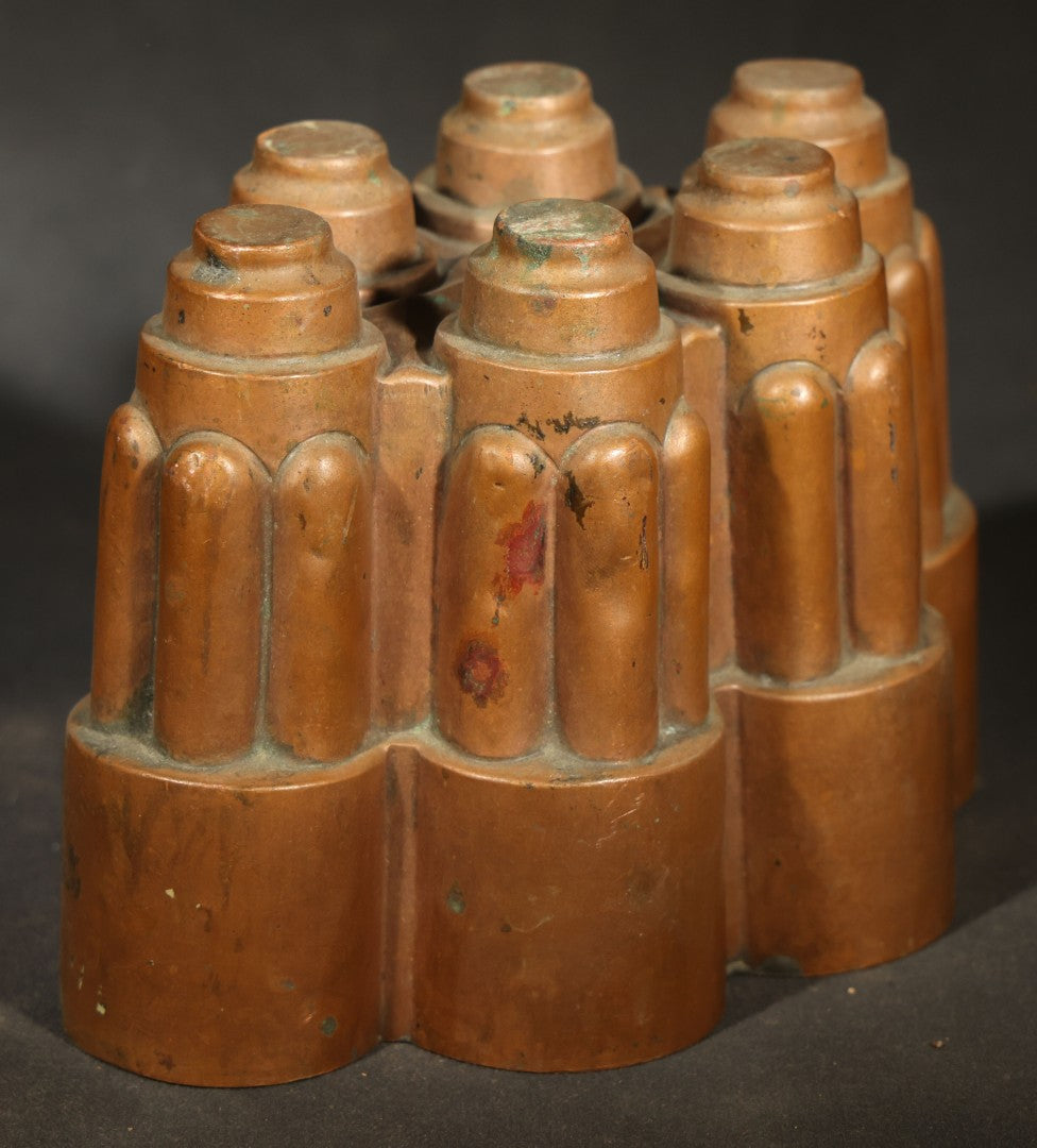 Antique Copper Jelly Mold with Six Fluted Turrets, Engraved "R. Blennerhassett / Messman"