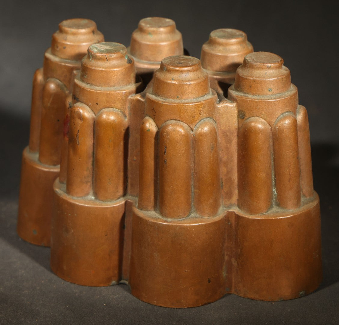 Antique Copper Jelly Mold with Six Fluted Turrets, Engraved "R. Blennerhassett / Messman"