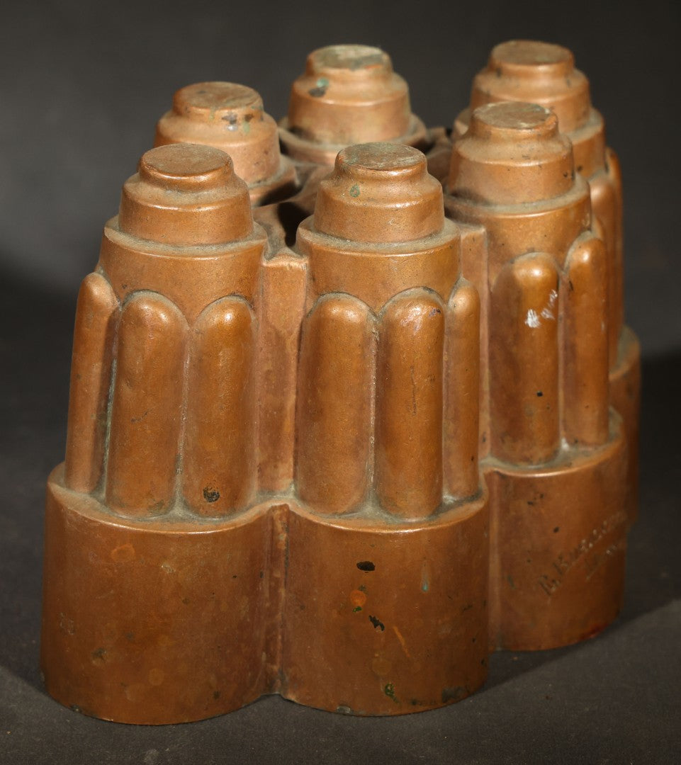Antique Copper Jelly Mold with Six Fluted Turrets, Engraved "R. Blennerhassett / Messman"