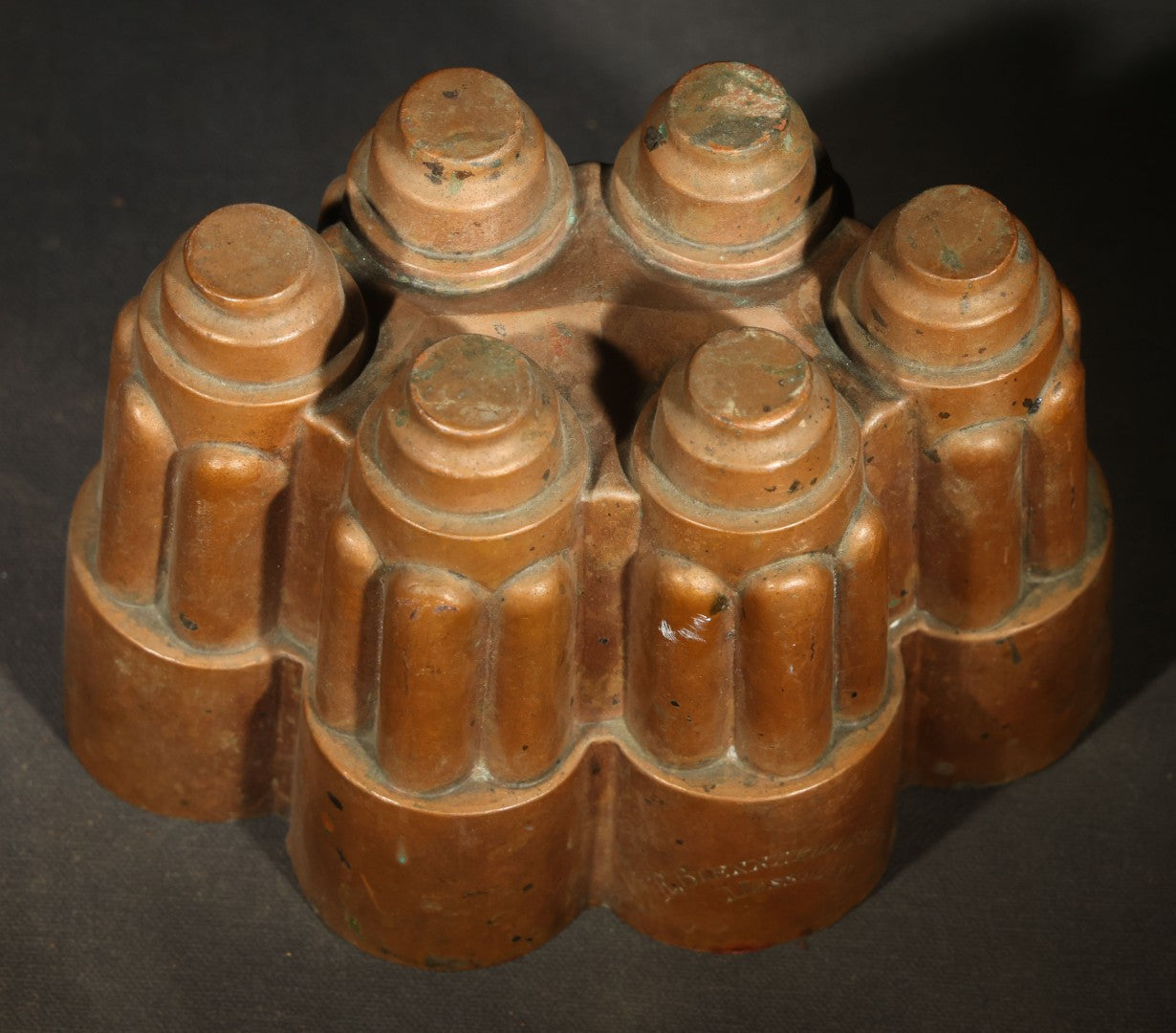 Antique Copper Jelly Mold with Six Fluted Turrets, Engraved "R. Blennerhassett / Messman"