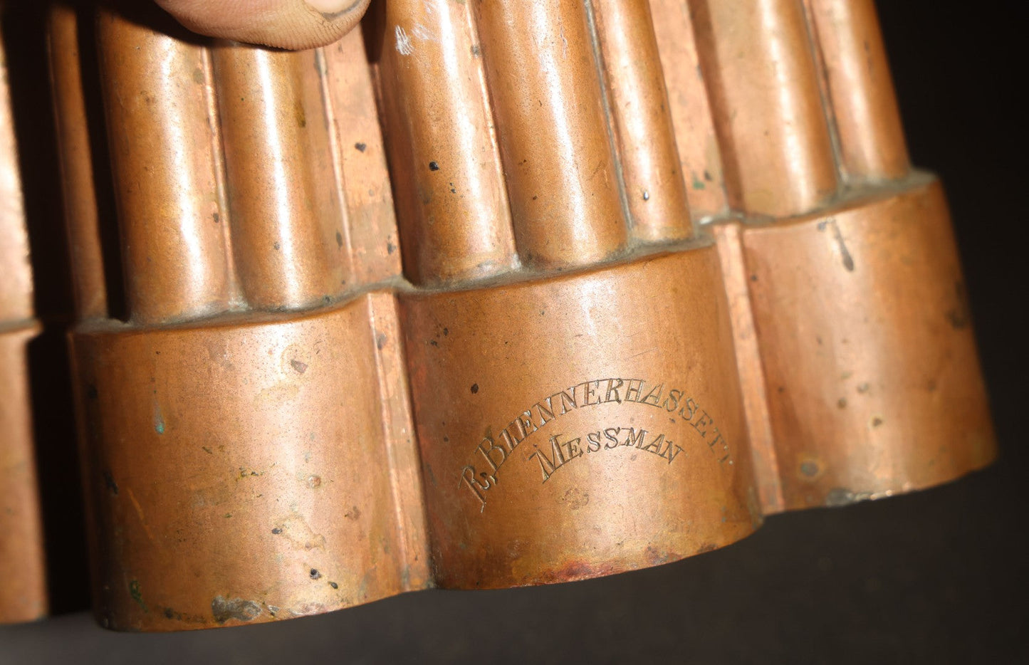 Antique Copper Jelly Mold with Six Fluted Turrets, Engraved "R. Blennerhassett / Messman"