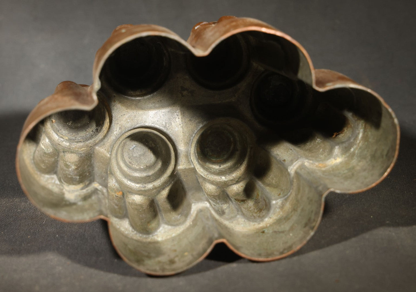 Antique Copper Jelly Mold with Six Fluted Turrets, Engraved "R. Blennerhassett / Messman"
