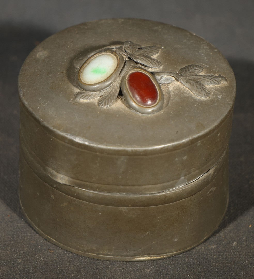 Antique Chinese Pewter Round Lidded Box with Stone Cabochon and Foliate Branch Decoration, Note Denting