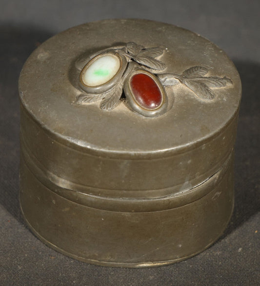 Antique Chinese Pewter Round Lidded Box with Stone Cabochon and Foliate Branch Decoration, Note Denting