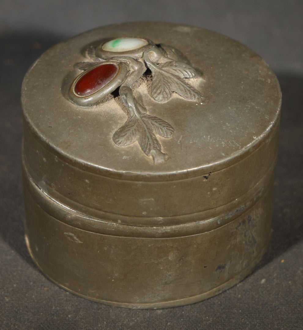 Antique Chinese Pewter Round Lidded Box with Stone Cabochon and Foliate Branch Decoration, Note Denting