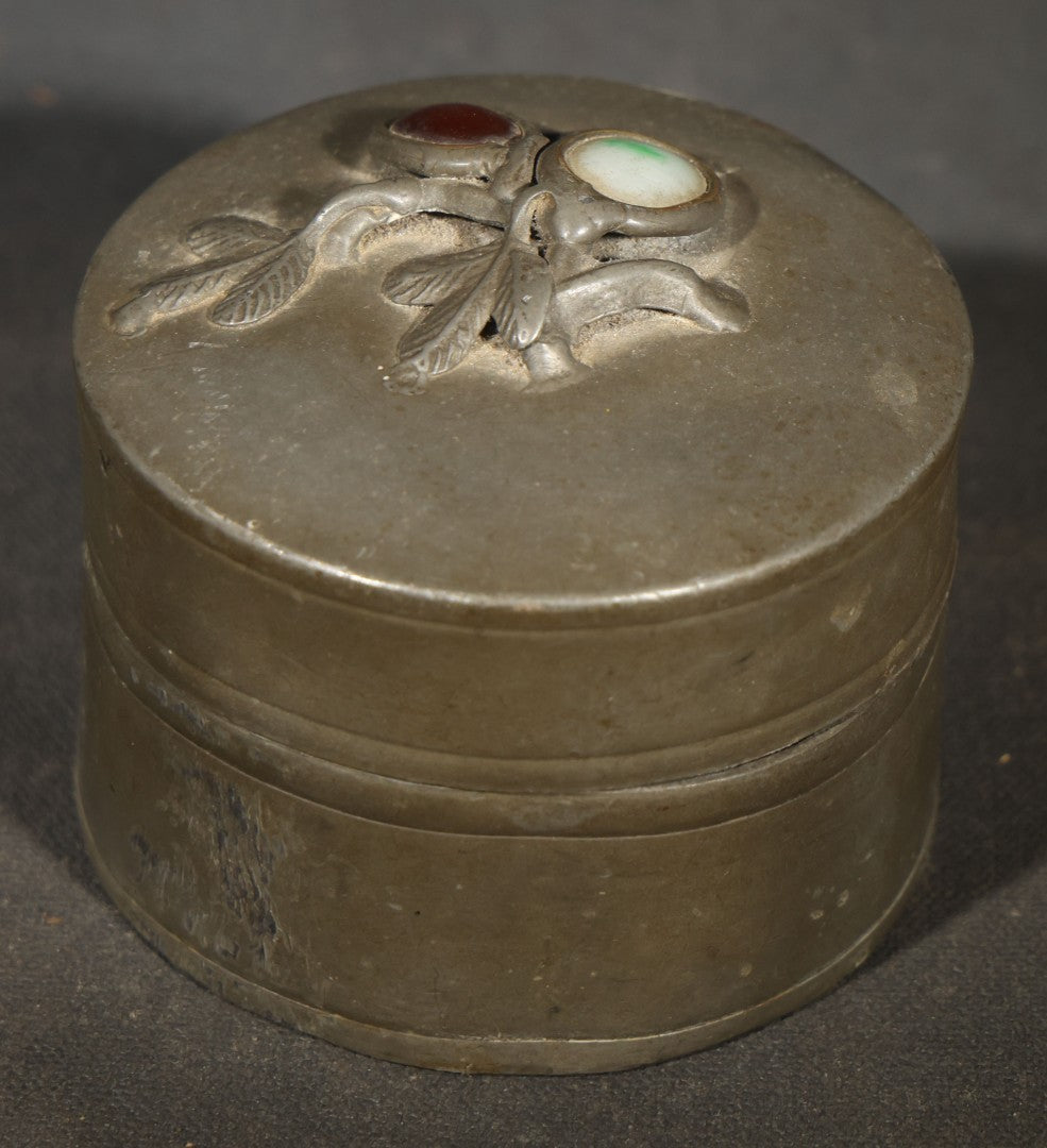 Antique Chinese Pewter Round Lidded Box with Stone Cabochon and Foliate Branch Decoration, Note Denting