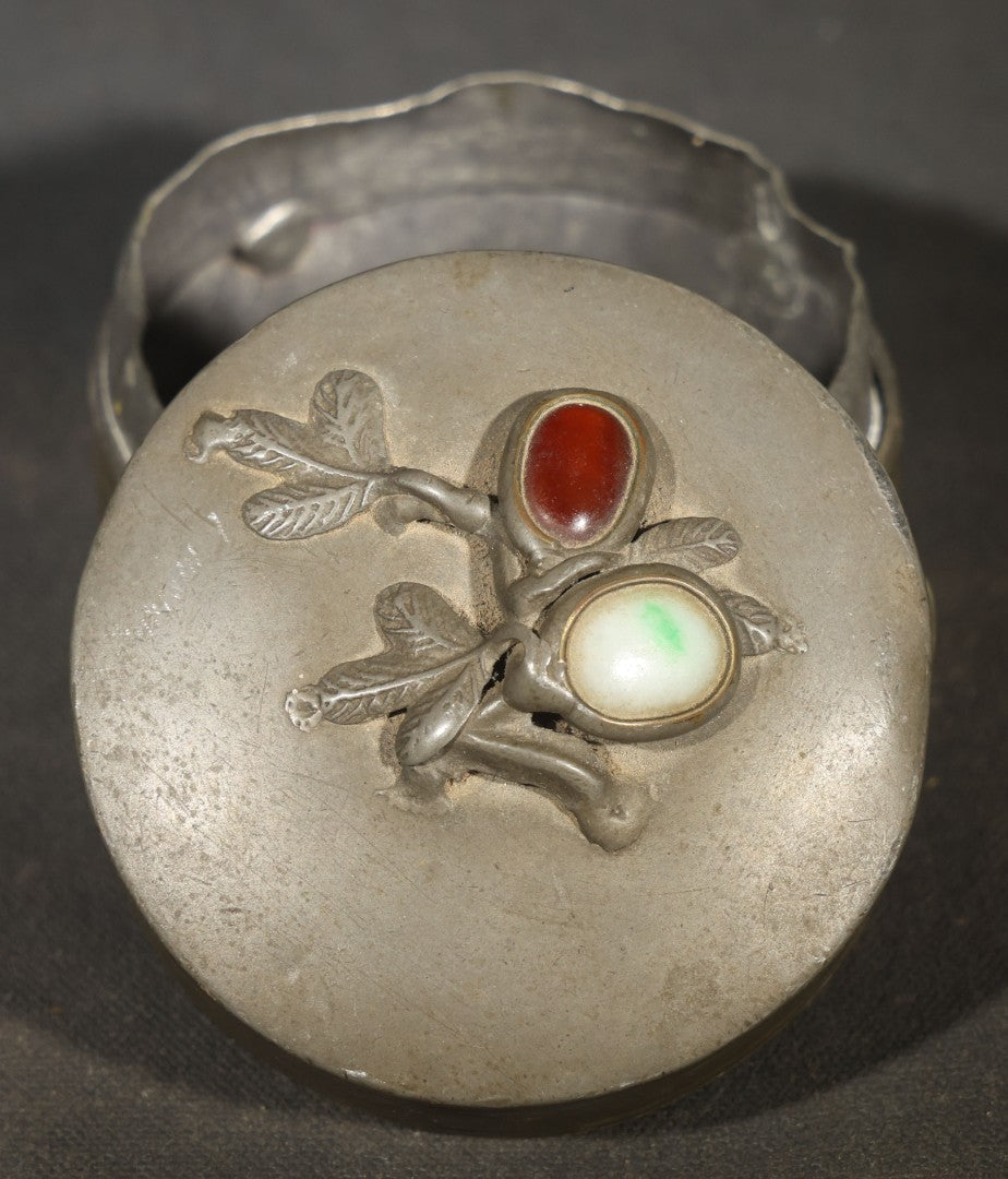 Antique Chinese Pewter Round Lidded Box with Stone Cabochon and Foliate Branch Decoration, Note Denting