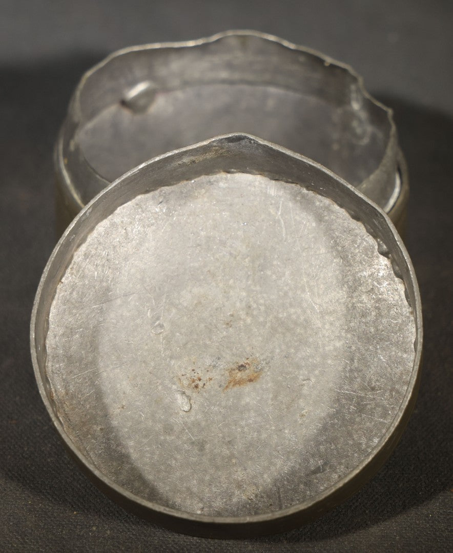 Antique Chinese Pewter Round Lidded Box with Stone Cabochon and Foliate Branch Decoration, Note Denting